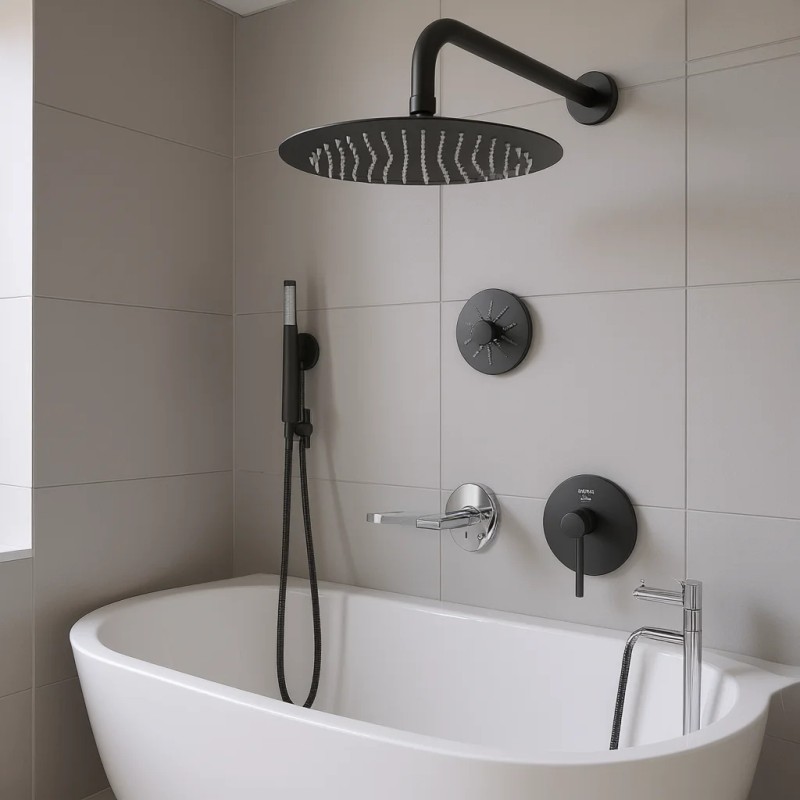 Matte Black 10 Inch Rainfall Shower Faucet Set Brass Valve