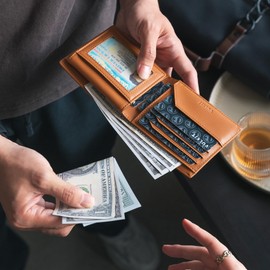 VULKIT Men's Bifold Wallet Genuine Leather Wallet RFID Blocking with Multiple Card Slots and Double ID Windows Everyday Carry Wallet