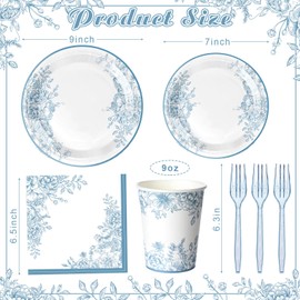 Yungyan Blue Floral Paper Plates and Napkins Sets Floral Party Supplies for 24 Guest Flower Disposable Paper Dinner Plates Napkins Cups Forks for Birthday Baby Shower Wedding Tea Party Decorations