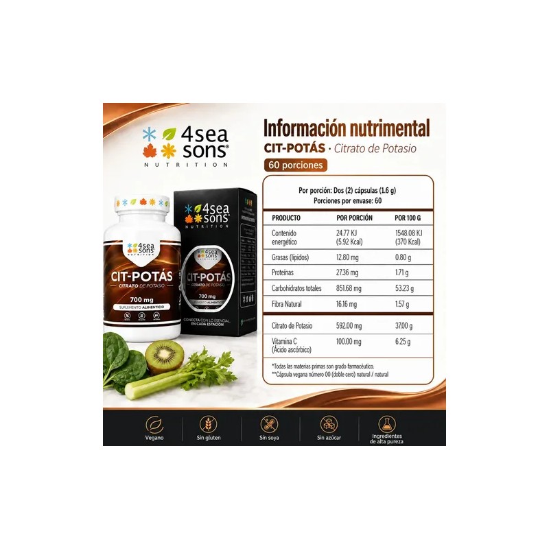 Seasons Nutrition Cit Potás Citrato Potasio 700 Suplemento Alimenticio Fórmula