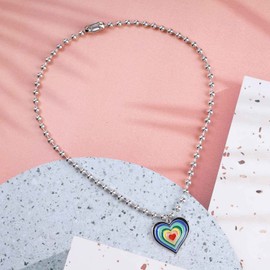 Aneneiceera Boho Rainbow Heart Pendent Necklace Colorful Heart Choker Necklace Multi Color Love Heart Necklace Silver Metal Ball Bead Chain Necklace Jewelry for Women and Girls