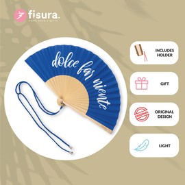 Fisura - Original handheld folding fan with the message in message in Italian and German wooden fan. Original holding Hand Fans. Fan with hanger included (Far niente, blue)