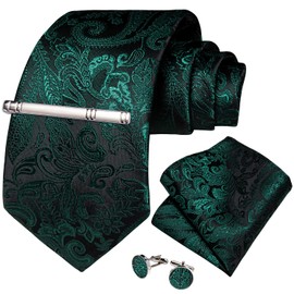 DiBanGu Silk Ties for Men Paisley Necktie Handkerchief Cufflinks Set Emerald Green Party Prom Tie