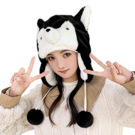 Cute Plush Animal Trapper Hat Women Girls Winter Fleece Lined Warm Ski Cap with Ear Flaps Pompom for Party Cosplay Outdoor (US, Alpha, One Size, Black Dog)