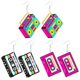 Skyfun 3 Pairs 70S 80s 90s Neon Earrings for Women Retro Cassette Tape Shape Candy Color Lightweight Acrylic Drop Dangle Earrings for 80S 90S Costume Outfits Dancing Glow Party Accessories,1980s Tape
