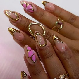 Gold French Tip Press On Nails Almond Medium 3D Gold Fake Nails with Flower Designs Almond Nails Press Ons Spring Pearl Floral False Nails Glue On Nails Full Cover Acrylic Stick On Nails for Women