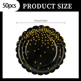HFBOBP Pack of 50 Party Plates, Gold Foil Plates, Black Gold Dot Paper Plates, Party Tableware for Dinner, Dessert, Wedding, Anniversary, Valentine's Day