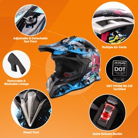 OUMURS DOT Adult Dirt Bike Helmet with Goggles Gloves & Mask Adjustable Sun Visor Motorcycle Adult ATV Helmet Off-Road Motocross Downhill Moped MX BMX for Unisex Adult-188-Blue Cowboy, L