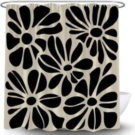 Black Floral Shower Curtain Vintage Boho Abstract Flower Plant Retro Aesthetic Botanical Modern Minimalist Mid Century Bath Decor Curtain with Hooks