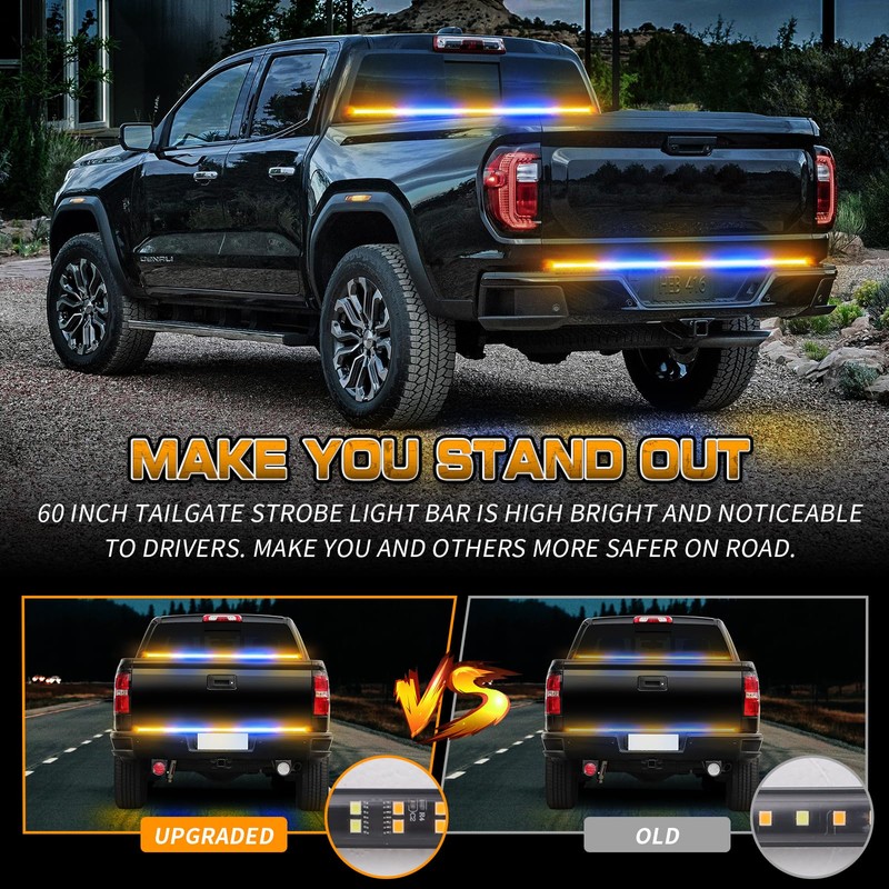 XRIDONSEN 60 inch Amber Blue Truck Tailgate Strobe Lights Strip