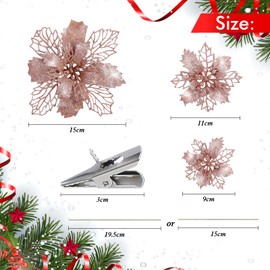 18 Pieces Poinsettia Artificial Glitter Christmas Flowers with Clips and Stems for Christmas Tree Decorations, Pendants and Wreath Decorations (Rose Gold)