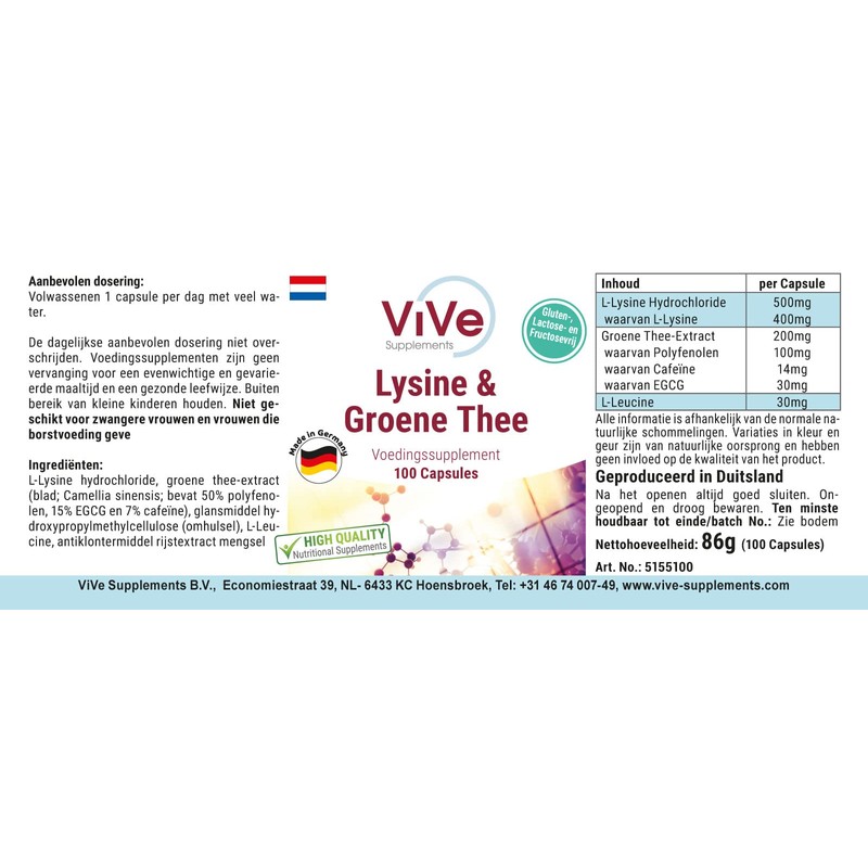 L-Lysine & Green Tea Extract - 100 Vegan Capsules, 400