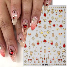 Gold Love Heart Nail Art Stickers Romantic Valentine's Day Red Heart Nail Supplies Love Bow Star Nail Stickers Stars Sun Moon Starlight DIY Transfer Decals Designs Nail Tip French Manicure Decor 3Pcs