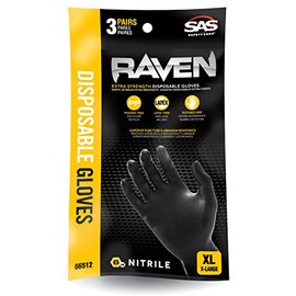 SAS Safety 66511 Raven Powder-Free Nitrile Gloves, Large, 3-Pack
