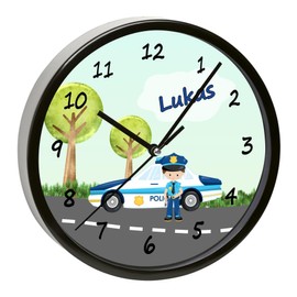 CreaDesign, WU-01-1049 Police Wall Clock for Children's Room, Customisable with Name, Black Frame, Diameter 19.5 cm
