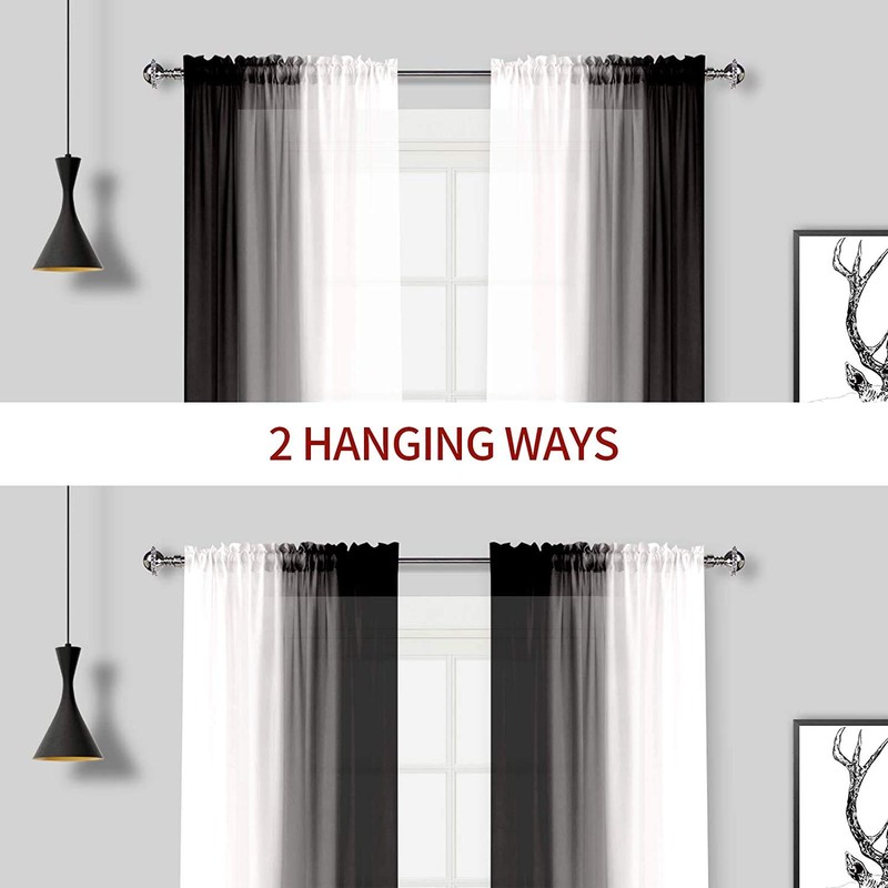 Melodieux Black Ombre Sheer Curtains Gradient Rod Pocket Voiles, 56x81