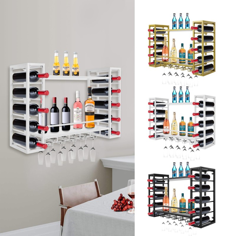 RocoReny 2-Tiers Wall Mounted Wine Rack, Modern Rectangle Hanging Metal