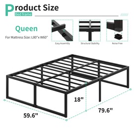 Lutown-Teen 18 Inch Queen Bed Frame Heavy Duty Steel Slat Support Metal Queen Size Platform Bed Frame No Box Spring Needed, Easy Assembly, Black