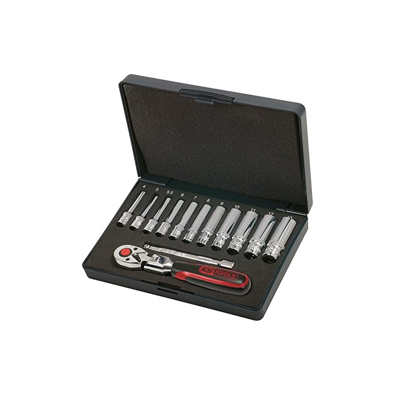 KS Tools 918.0613 CHROME+ Socket Set Deep, 13 Pieces, 1/4-Inch