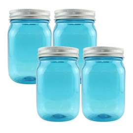 Cornucopia Brands Small Coin Bank Jars (4-Pack, Blue); 16oz Plastic Mason Jar Coin Banks w/SIlver Slotted Lids