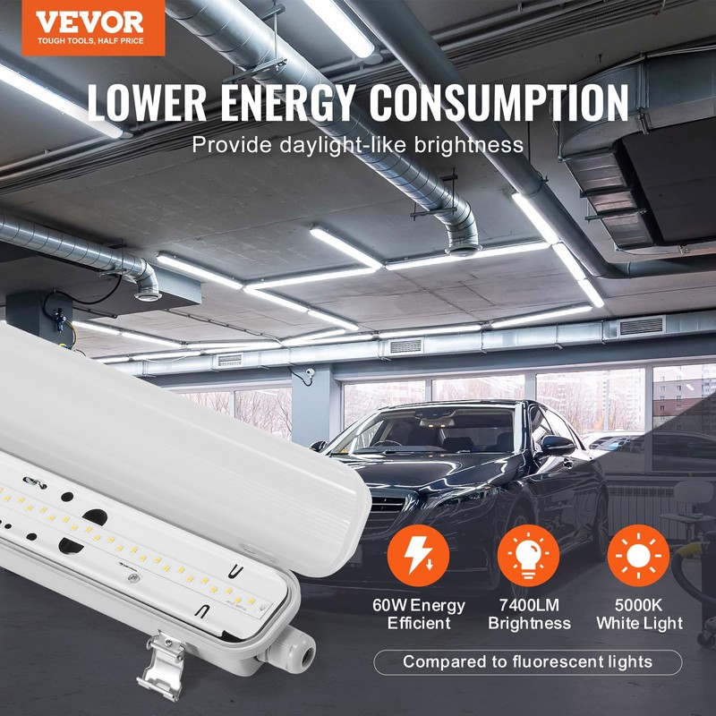 VEVOR 4FT LED Vapor Tight Light, 60W, 7400LM Vapor Proof