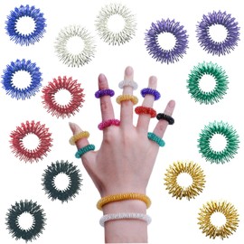 16 Pcs Spiky Sensory Finger Rings, Metal Acupressure Rings, Silent Anxiety and Stress Relief Fidget Ring Set for Teens, Adults - 8 Colours