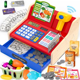 maysida Children's cash register wooden cash register with scanner and sound for children 3-5 years, toy cash register with scanner/play money/coins/debit card/shopping basket/accessories, shop