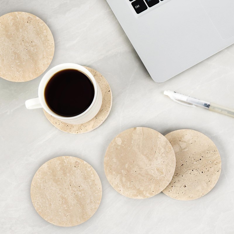 YONGHEE Italian Travertine Coasters Set of 5 with Holder, Round