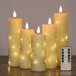 OWLBAY Set of 5 Flickering Flameless Candles with Embedded String Light, Real Wax Battery Operated LED Pillar Candles with Realistic 3D Flame, Remote Control and Timer, Idael for Daily/Holiday Decor
