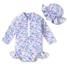 6-12 Months Infant Baby Girls One Piece Long Sleeve Swimsuit Floral Bathing Suit Zip Up Swimwear Beach Wear Blue Flower