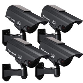 Solar Powered Fake Security Camera, Bullet Dummy Surveillance System with Realistic Red Flashing Lights and Warning Sticker Indoor Outdoor (4, Black)
