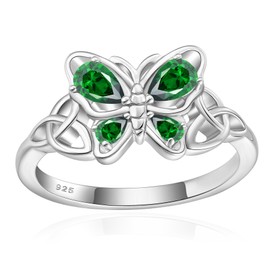 Vesitim Butterfly Rings for Women-Celtic Knot Rings 925 Sterling Silver Dainty Animal butterfly Rings Birthstone Created Emerald Jewelry Gifts Size 9
