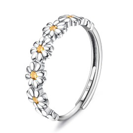 Sanfenly 925 Sterling Silver Rings Daisy Ring Yellow/Pink Cubic Zirconia Open Adjustable Dainty Band Statement Rings Finger Silver Thumb Ring for Women Girls
