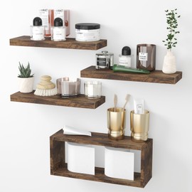 Fixwal Floating Shelves, 4+1 Tier Rustic Bathroom Shelves Over Toilet with Invisible Brackets, Farmhouse Wall Decor for Bedroom, Living Room, Kitchen and Plants (Rustic Brown)