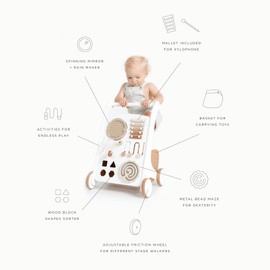 GATHRE Baby Activity Walker | Wooden Push Baby Walker with Wheels | Busy Board and Toys Included | Great for Ages 12+ Months | 20in x 13in x 12.5in - Biscotti