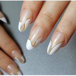 Vanccy Press on Nails Acrylic Beauty Fake Nails with Design Full Cover False Nails with Nail Glue Adhesive Tabs Nail File Glue on Nails for Women and Girls (Gold-plated white, Medium)