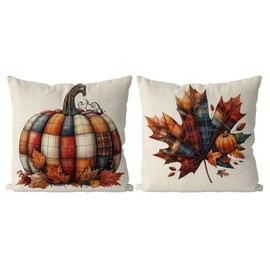 QIONG MENG Fall Pillow Covers 18x18 Inch Set of 2 Pumpkin Maple Leaves Decorative Throw Pillow Cases Autumn Harvest Vintage Pillowcase for Home Farmhouse Living Room Decor