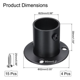 sourcing map 4Pcs Stainless Steel Closet Rod Brackets, 1 Inch Dia Wardrobe Holder for Pipe, Shower Curtain Rod Pole End Supports Sockets Flange with Screws, Black