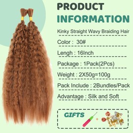 XIIMENALU Kinky Straight Wavy Braiding Hair for Boho Braids Wet and Wavy Bulk Hair for Braiding No Weft Yaki Straight Bulk Hair for Micro Braiding Rebundle Braids (30#, 16inch(1pack(2pcs)))