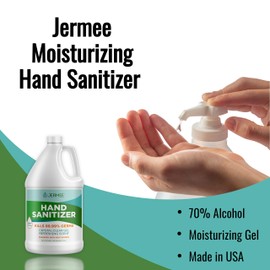 JERMEE Moisturizing Hand Sanitizer Gel, 70% Alcohol - Kills 99.99% Germs, Enhanced with Vitamin E and Aloe Vera - Crystal Clear Gel, Refreshing Scent, Made in USA - 1 Gallon