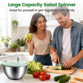 Stainless Steel Salad Spinner 3-in-1, One-Touch Stop and Non-Slip Base, Vegetable Dryer for Kitchens, Parties, and Health-Conscious People, 5.3 Qt