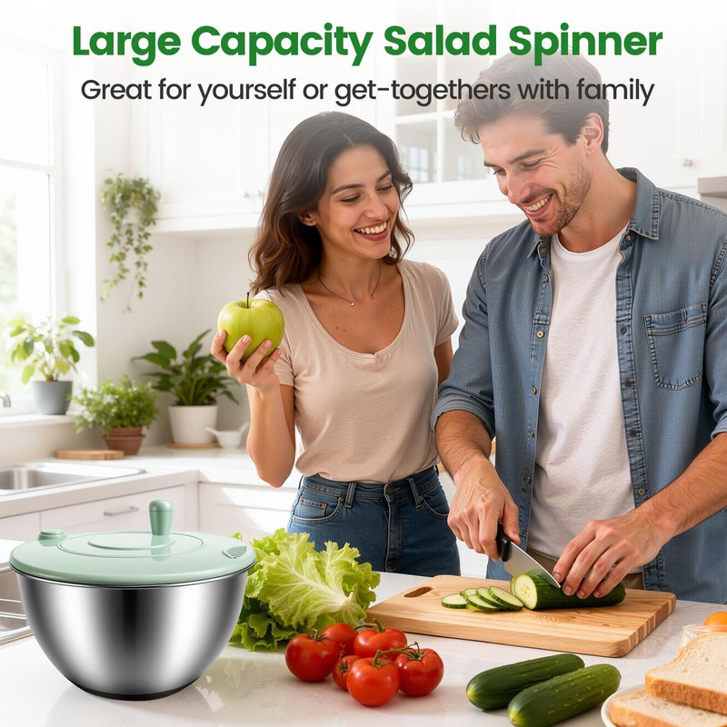 Stainless Steel Salad Spinner 3-in-1, One-Touch Stop and Non-Slip Base,