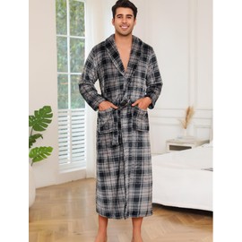 ENJOYNIGHT Men's Fluffy Fleece Dressing Gown Cuddly Soft Sauna Gown Sleepwear, Grey Checked