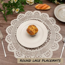 Jayla 2 Pcs Round Lace Placemats for Tables Embroidered Vintage Crochet Floral Lace Table Runner Vintage Wedding, 15"