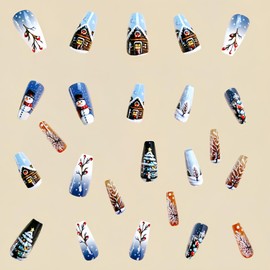 24Pcs Christmas Long Press On Nails Square Fake Nails Blue Christmas False Nails With Snowman Snowflake Designs Acrylic Nails Press Ons Glossy Long Full Cover Stick On Nails For Women