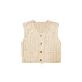 MACNOORA Girl's Sleeveless Button Down Sweaters V Neck Crochet Cardigans Women 2025 Spring Summer Vest Top with Shiny Buttons, Beige Apricot