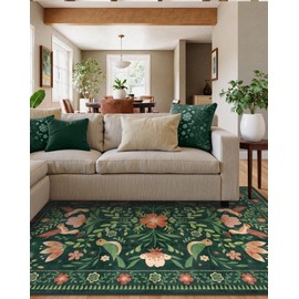 Morebes Green Floral Washable Area Rugs 8x10, Boho Classroom Rug Non Slip, Soft Ultra-Thin Distressed Flower Birds Pattern Throw Carpet for Farmhouse Living Dining Room Bedroom Office