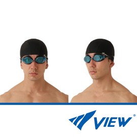 VIEW Swimming Goggle Set, Made in Japan, Goggle, Cap, Nose Belt, 3-Piece Set, Aquamarine x Black