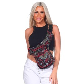 Kunst und Magie Mandala Belt Bag, Black/Grey, 28 x 18 x 4 cm, Adjustable Strap up to 110 cm, Multiple Compartments with Zip, black/red, Boho