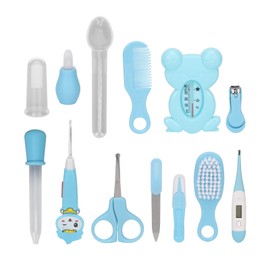 Baby Healthcare Kit Scissors Nail Clippers Tweezers Feeding Spoon Thermometer Comb Infants Grooming Kit Blue